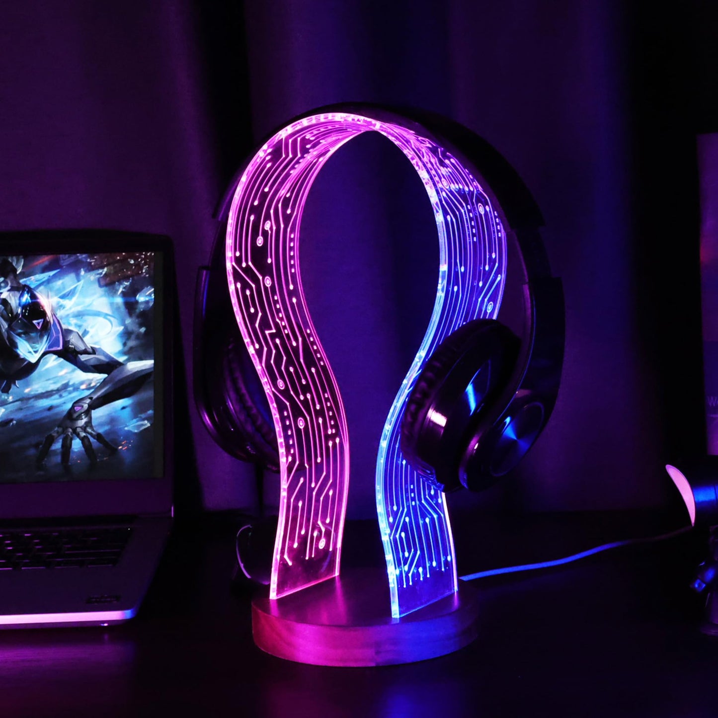 LED Headphone Stand with Walnut Wood